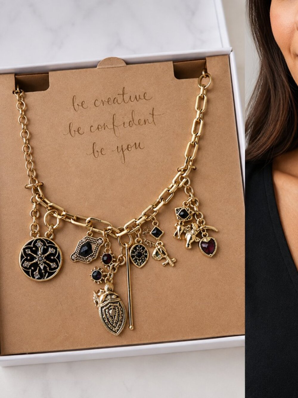 Chloe + Isabel Gold Tone Multi Charm Statement Necklace New Unused Boxed
